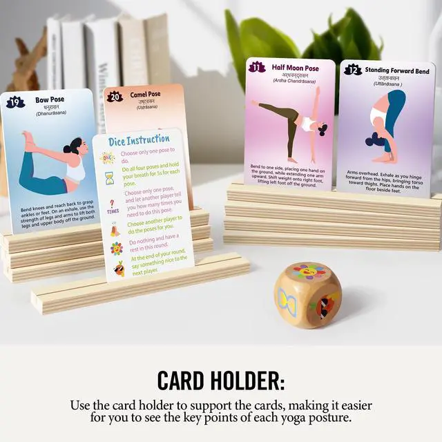Alt view image 7 of 7 - Wooden Yoga Dice and Yoga Cards Set for Kids 3+ | Yoga Accessories Pose Kit w/4 Dice, 8 Card Holder, Gift for Women, Home Indoor Use, Thousands of Possible Combinations