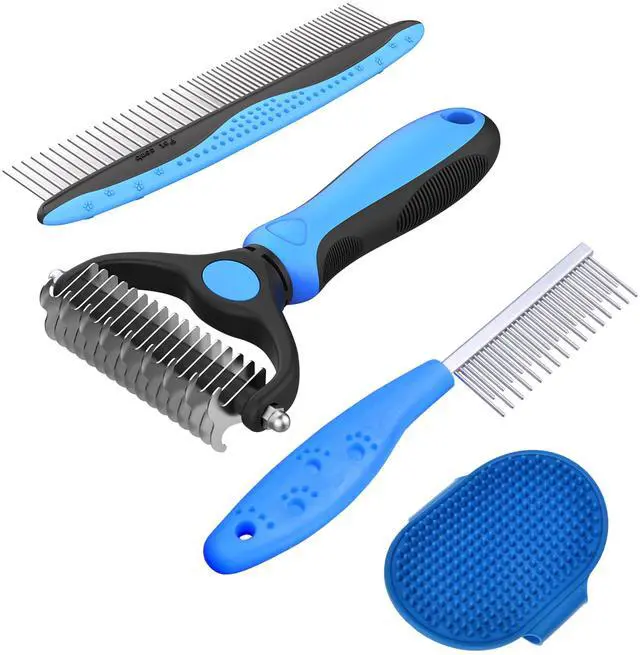 Main image of 4 Pack Pet Grooming Combo - Blue Deshedding Brush,With Metal Comb,Bath Brush, With Long & Short Stainless Steel Teeth Depilatory Comb For Detangling And Dematting Long, Matted Fur On Cats And Dogs
