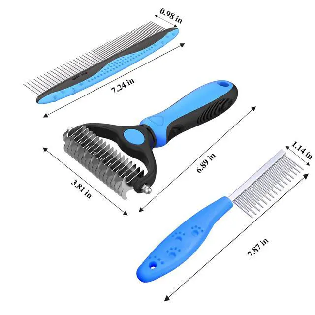 Alt view image 2 of 7 - 4 Pack Pet Grooming Combo - Blue Deshedding Brush,With Metal Comb,Bath Brush, With Long & Short Stainless Steel Teeth Depilatory Comb For Detangling And Dematting Long, Matted Fur On Cats And Dogs