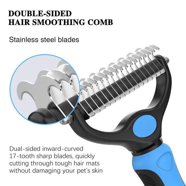 Alt view image 3 of 7 - 4 Pack Pet Grooming Combo - Blue Deshedding Brush,With Metal Comb,Bath Brush, With Long & Short Stainless Steel Teeth Depilatory Comb For Detangling And Dematting Long, Matted Fur On Cats And Dogs