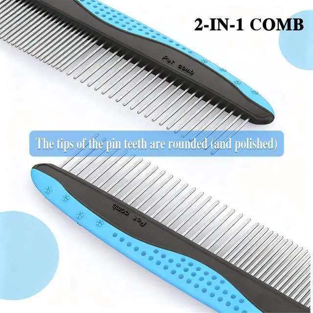 Alt view image 4 of 7 - 4 Pack Pet Grooming Combo - Blue Deshedding Brush,With Metal Comb,Bath Brush, With Long & Short Stainless Steel Teeth Depilatory Comb For Detangling And Dematting Long, Matted Fur On Cats And Dogs