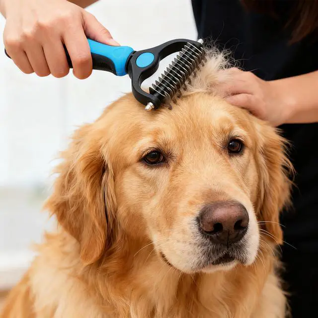 Alt view image 7 of 7 - 4 Pack Pet Grooming Combo - Blue Deshedding Brush,With Metal Comb,Bath Brush, With Long & Short Stainless Steel Teeth Depilatory Comb For Detangling And Dematting Long, Matted Fur On Cats And Dogs