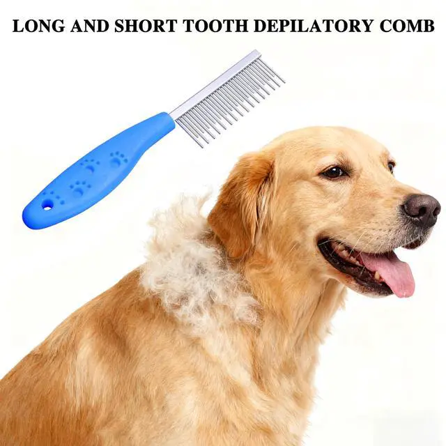 Alt view image 5 of 7 - 4 Pack Pet Grooming Combo - Blue Deshedding Brush,With Metal Comb,Bath Brush, With Long & Short Stainless Steel Teeth Depilatory Comb For Detangling And Dematting Long, Matted Fur On Cats And Dogs