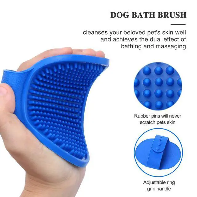 Alt view image 6 of 7 - 4 Pack Pet Grooming Combo - Blue Deshedding Brush,With Metal Comb,Bath Brush, With Long & Short Stainless Steel Teeth Depilatory Comb For Detangling And Dematting Long, Matted Fur On Cats And Dogs