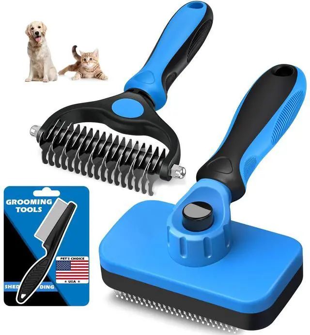 Main image of Professional 3PCS Self Cleaning Slicker Brush & Pet Grooming Rake & Flea Comb for Dogs,Cats and Horses | Double-Sided Dematting Comb & Skin Friendly Deshedding Grooming Tool | Pet Supplies (Blue)