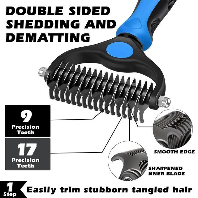 Alt view image 2 of 7 - Professional 3PCS Self Cleaning Slicker Brush & Pet Grooming Rake & Flea Comb for Dogs,Cats and Horses | Double-Sided Dematting Comb & Skin Friendly Deshedding Grooming Tool | Pet Supplies (Blue)