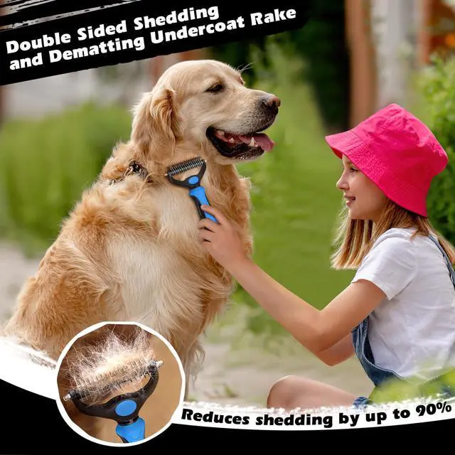 Alt view image 3 of 7 - Professional 3PCS Self Cleaning Slicker Brush & Pet Grooming Rake & Flea Comb for Dogs,Cats and Horses | Double-Sided Dematting Comb & Skin Friendly Deshedding Grooming Tool | Pet Supplies (Blue)