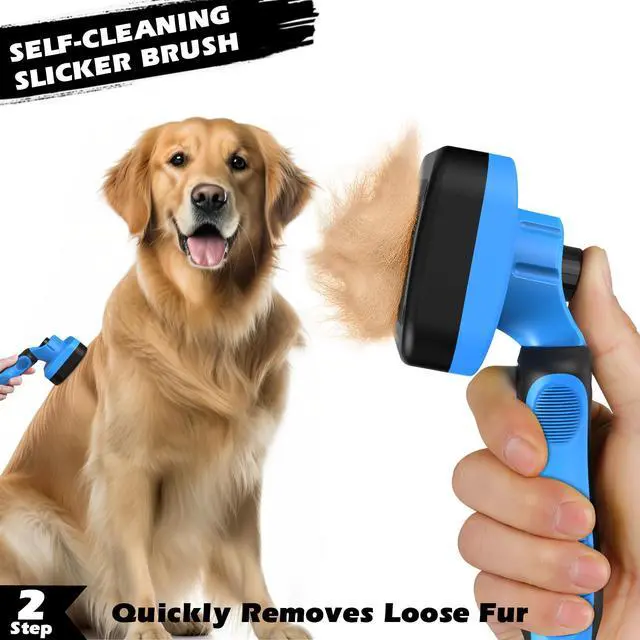 Alt view image 4 of 7 - Professional 3PCS Self Cleaning Slicker Brush & Pet Grooming Rake & Flea Comb for Dogs,Cats and Horses | Double-Sided Dematting Comb & Skin Friendly Deshedding Grooming Tool | Pet Supplies (Blue)