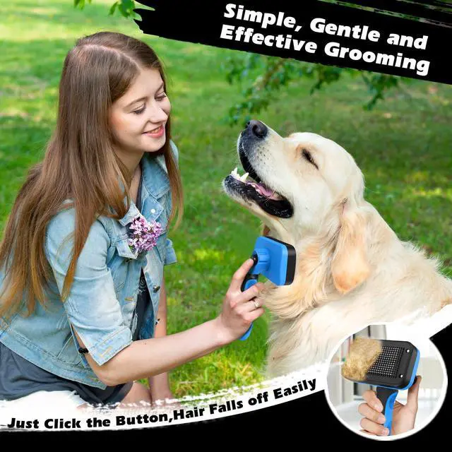Alt view image 5 of 7 - Professional 3PCS Self Cleaning Slicker Brush & Pet Grooming Rake & Flea Comb for Dogs,Cats and Horses | Double-Sided Dematting Comb & Skin Friendly Deshedding Grooming Tool | Pet Supplies (Blue)