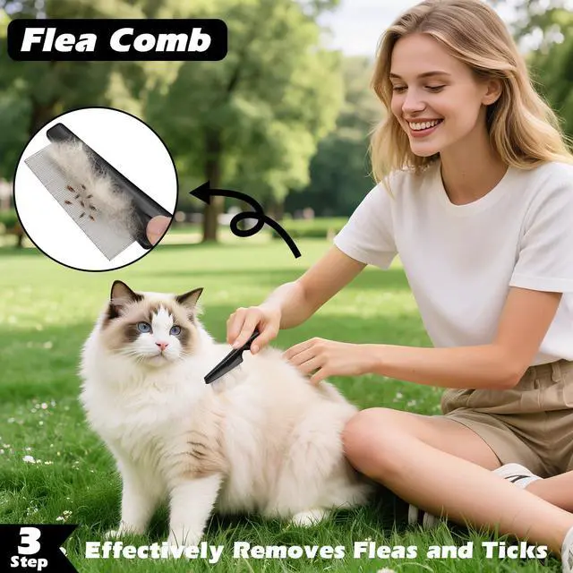 Alt view image 6 of 7 - Professional 3PCS Self Cleaning Slicker Brush & Pet Grooming Rake & Flea Comb for Dogs,Cats and Horses | Double-Sided Dematting Comb & Skin Friendly Deshedding Grooming Tool | Pet Supplies (Blue)