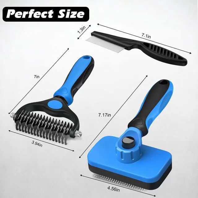 Alt view image 7 of 7 - Professional 3PCS Self Cleaning Slicker Brush & Pet Grooming Rake & Flea Comb for Dogs,Cats and Horses | Double-Sided Dematting Comb & Skin Friendly Deshedding Grooming Tool | Pet Supplies (Blue)