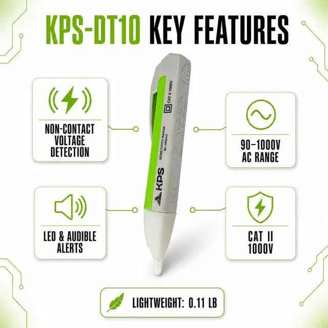 Alt view image 2 of 7 - -DT10 Non-Contact Voltage Detector, 90-1000V AC, CAT II 1000V | Detect AC voltage without contact using clear LED and audible alerts.