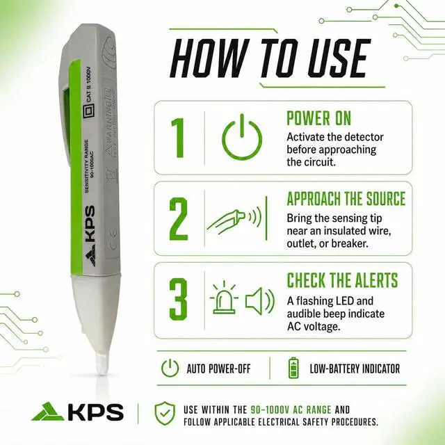 Alt view image 6 of 7 - -DT10 Non-Contact Voltage Detector, 90-1000V AC, CAT II 1000V | Detect AC voltage without contact using clear LED and audible alerts.