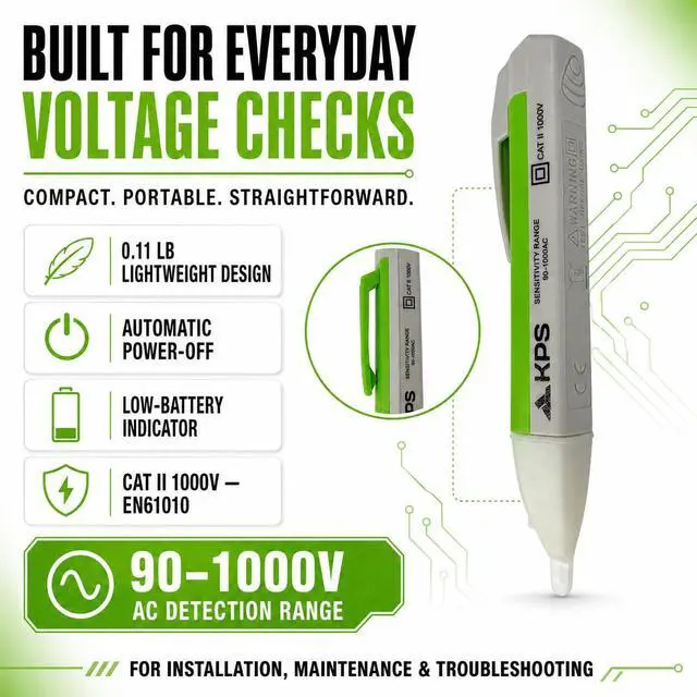 Alt view image 7 of 7 - -DT10 Non-Contact Voltage Detector, 90-1000V AC, CAT II 1000V | Detect AC voltage without contact using clear LED and audible alerts.