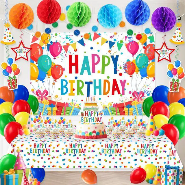 Main image of Happy Birthday Decorations For Women Men,Birthday Backdrop,Banner Balloons,Table Cloth,Paper pom poms Party Supplies for Girls Boys (Colorful)