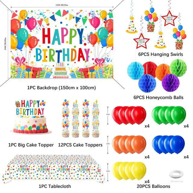 Alt view image 2 of 7 - Happy Birthday Decorations For Women Men,Birthday Backdrop,Banner Balloons,Table Cloth,Paper pom poms Party Supplies for Girls Boys (Colorful)