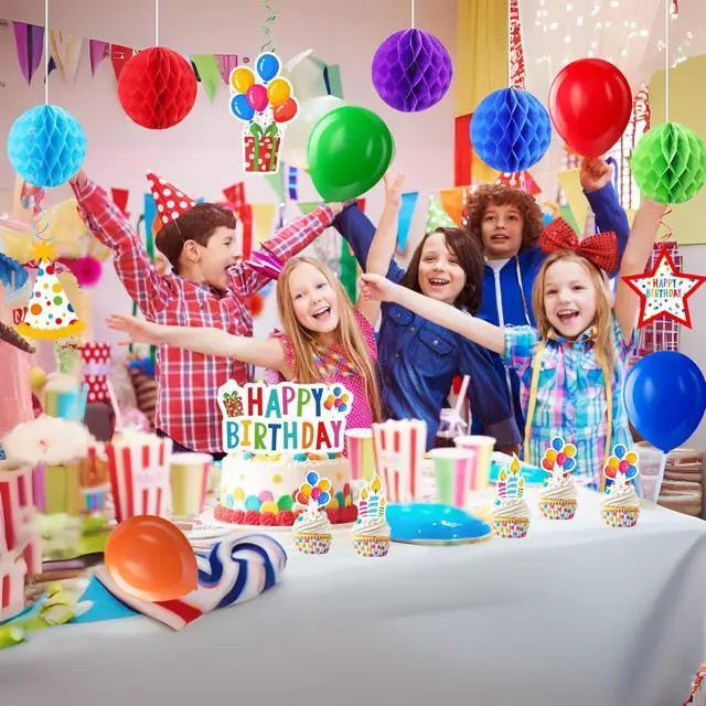 Alt view image 6 of 7 - Happy Birthday Decorations For Women Men,Birthday Backdrop,Banner Balloons,Table Cloth,Paper pom poms Party Supplies for Girls Boys (Colorful)