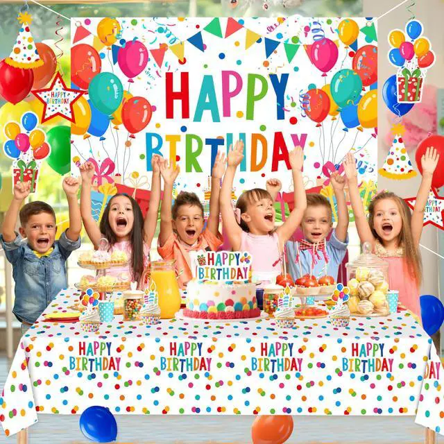 Alt view image 7 of 7 - Happy Birthday Decorations For Women Men,Birthday Backdrop,Banner Balloons,Table Cloth,Paper pom poms Party Supplies for Girls Boys (Colorful)