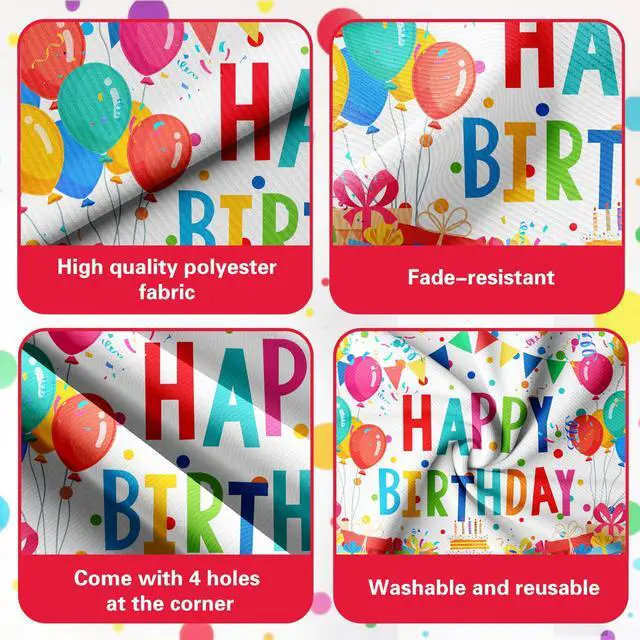 Alt view image 4 of 7 - Happy Birthday Decorations For Women Men,Birthday Backdrop,Banner Balloons,Table Cloth,Paper pom poms Party Supplies for Girls Boys (Colorful)