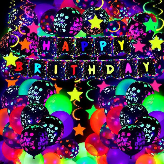 Main image of 71 Pcs Neon Birthday Party Supplies Decorations | Include Clear Glow in The Dark Balloons, UV Neon Balloons, Star Hanging Swirls, Rave Theme Birthday Decor