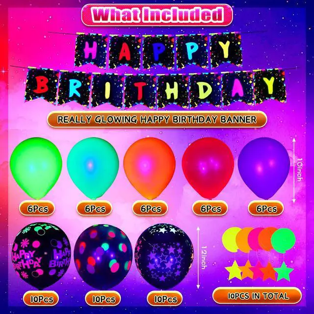 Alt view image 2 of 6 - 71 Pcs Neon Birthday Party Supplies Decorations | Include Clear Glow in The Dark Balloons, UV Neon Balloons, Star Hanging Swirls, Rave Theme Birthday Decor