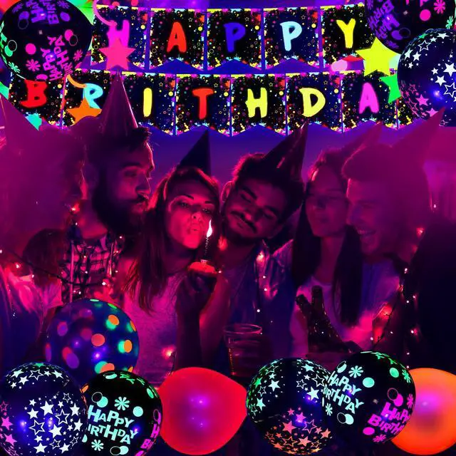 Alt view image 4 of 6 - 71 Pcs Neon Birthday Party Supplies Decorations | Include Clear Glow in The Dark Balloons, UV Neon Balloons, Star Hanging Swirls, Rave Theme Birthday Decor