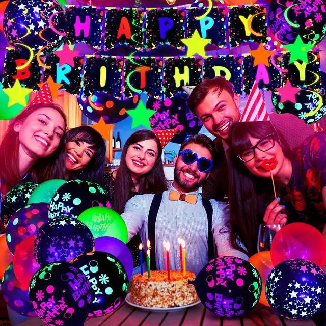 Alt view image 3 of 6 - 71 Pcs Neon Birthday Party Supplies Decorations | Include Clear Glow in The Dark Balloons, UV Neon Balloons, Star Hanging Swirls, Rave Theme Birthday Decor
