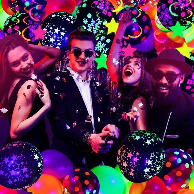 Alt view image 5 of 6 - 71 Pcs Neon Birthday Party Supplies Decorations | Include Clear Glow in The Dark Balloons, UV Neon Balloons, Star Hanging Swirls, Rave Theme Birthday Decor