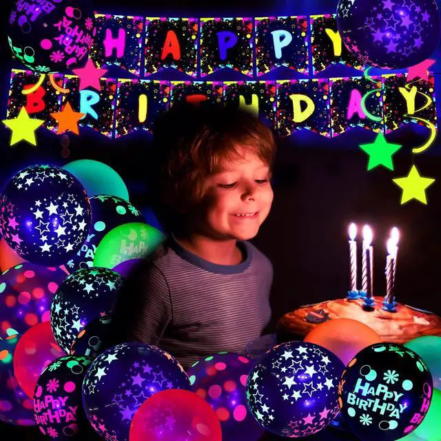 Alt view image 6 of 6 - 71 Pcs Neon Birthday Party Supplies Decorations | Include Clear Glow in The Dark Balloons, UV Neon Balloons, Star Hanging Swirls, Rave Theme Birthday Decor