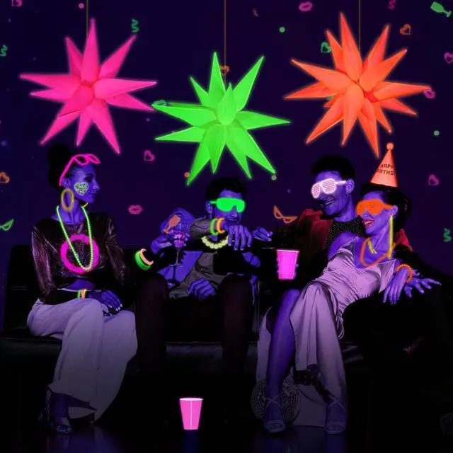 Alt view image 3 of 7 - Glow in The Dark Party Supplies, 5 Pcs Neon Explosion Star Balloons | Neon Party Decorations, DIY Neon Balloon with 12 point Cone Balloons for Birthday Wedding Graduation