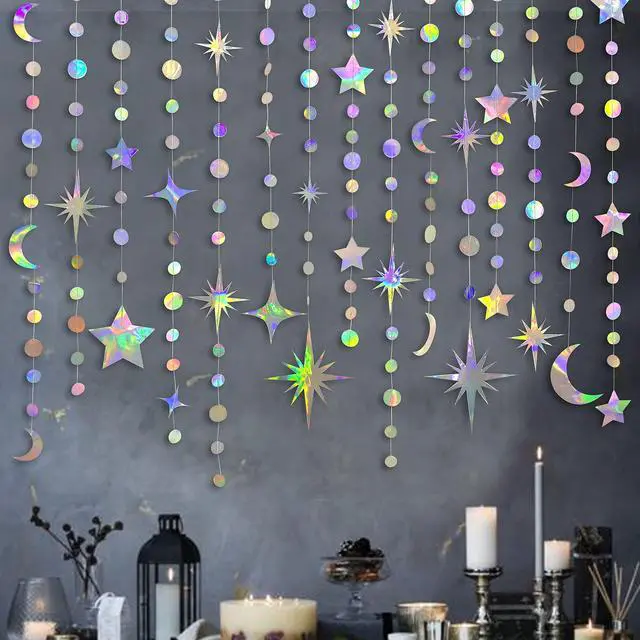 Main image of Iridescent Party Decorations Holographic Star Moon Circle Dot Garland Hanging Crescent and Twinkle Little Star Streamer Bunting Banner for Birthday Ramadan EID Mubarak Euphoria Karaoke Music Decor