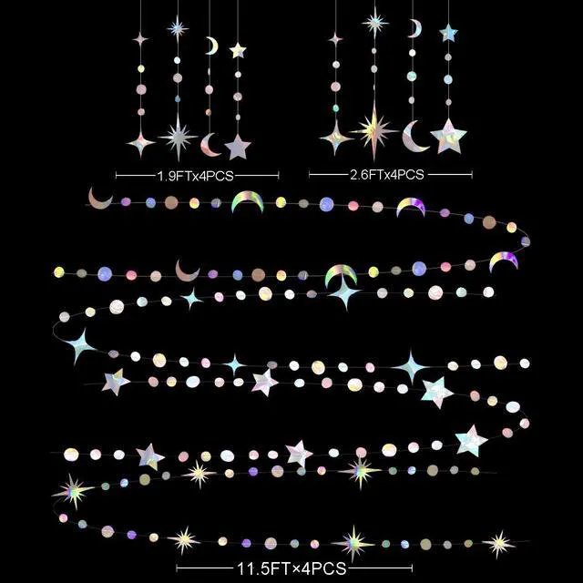 Alt view image 2 of 4 - Iridescent Party Decorations Holographic Star Moon Circle Dot Garland Hanging Crescent and Twinkle Little Star Streamer Bunting Banner for Birthday Ramadan EID Mubarak Euphoria Karaoke Music Decor