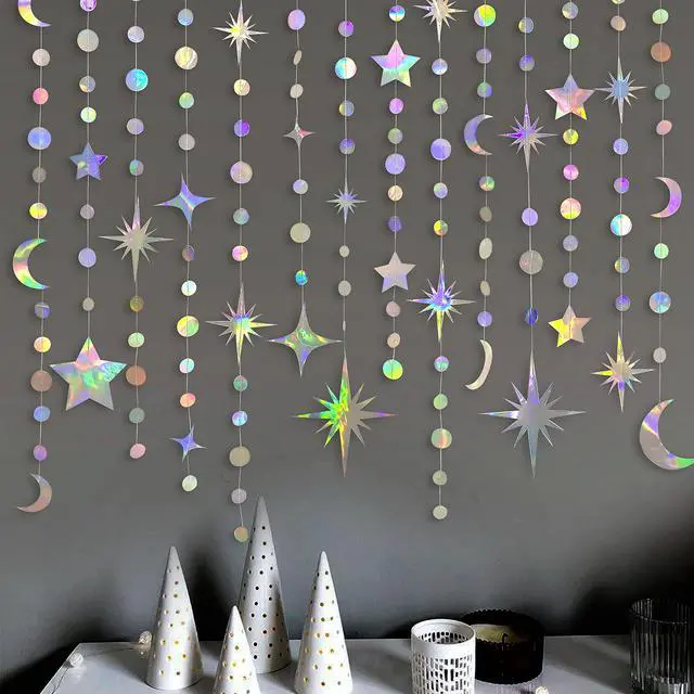Alt view image 4 of 4 - Iridescent Party Decorations Holographic Star Moon Circle Dot Garland Hanging Crescent and Twinkle Little Star Streamer Bunting Banner for Birthday Ramadan EID Mubarak Euphoria Karaoke Music Decor