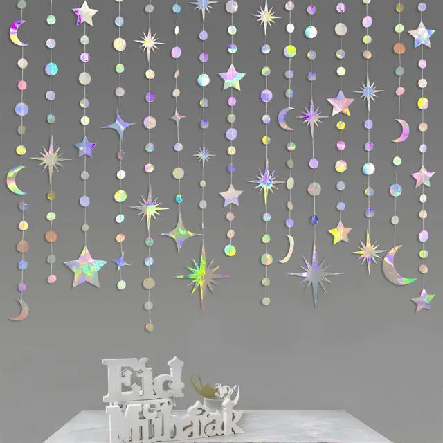 Alt view image 3 of 4 - Iridescent Party Decorations Holographic Star Moon Circle Dot Garland Hanging Crescent and Twinkle Little Star Streamer Bunting Banner for Birthday Ramadan EID Mubarak Euphoria Karaoke Music Decor