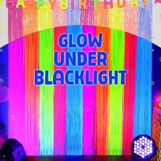 Alt view image 3 of 7 - Glow in The Dark Party Supplies, Neon Multicolor Backdrop, 2 Pack | Fluorescent Tinsel Foil Fringe Curtains, Neon Backdrop Streamers for Birthday, Halloween, New Year, Graduation Party
