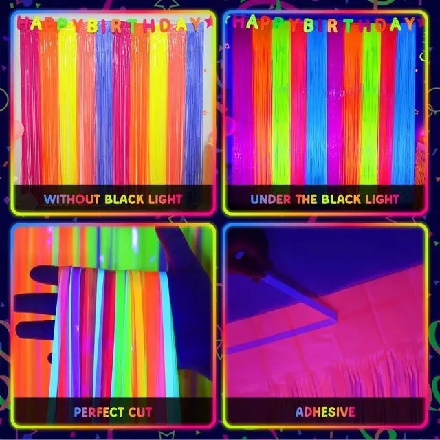 Alt view image 5 of 7 - Glow in The Dark Party Supplies, Neon Multicolor Backdrop, 2 Pack | Fluorescent Tinsel Foil Fringe Curtains, Neon Backdrop Streamers for Birthday, Halloween, New Year, Graduation Party