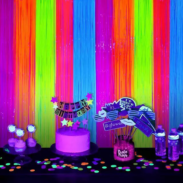 Alt view image 6 of 7 - Glow in The Dark Party Supplies, Neon Multicolor Backdrop, 2 Pack | Fluorescent Tinsel Foil Fringe Curtains, Neon Backdrop Streamers for Birthday, Halloween, New Year, Graduation Party