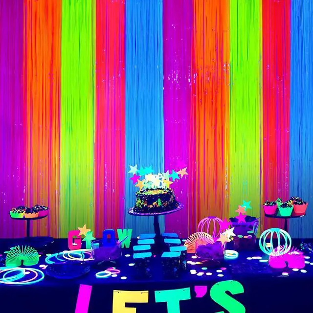 Alt view image 2 of 7 - Glow in The Dark Party Supplies, Neon Multicolor Backdrop, 2 Pack | Fluorescent Tinsel Foil Fringe Curtains, Neon Backdrop Streamers for Birthday, Halloween, New Year, Graduation Party