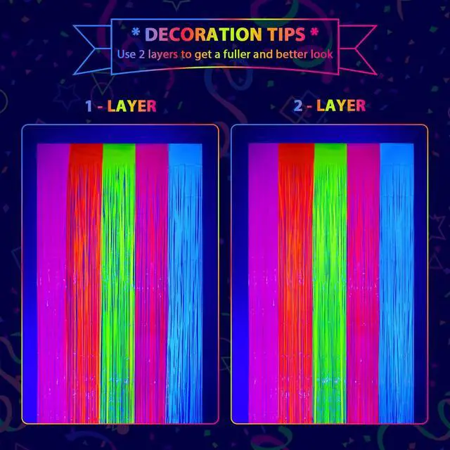 Alt view image 7 of 7 - Glow in The Dark Party Supplies, Neon Multicolor Backdrop, 2 Pack | Fluorescent Tinsel Foil Fringe Curtains, Neon Backdrop Streamers for Birthday, Halloween, New Year, Graduation Party