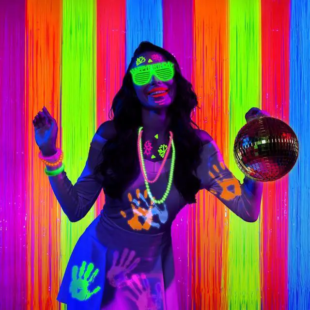 Alt view image 4 of 7 - Glow in The Dark Party Supplies, Neon Multicolor Backdrop, 2 Pack | Fluorescent Tinsel Foil Fringe Curtains, Neon Backdrop Streamers for Birthday, Halloween, New Year, Graduation Party
