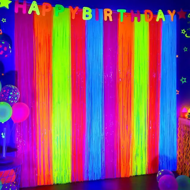 Main image of Glow in The Dark Party Supplies, Neon Multicolor Backdrop, 2 Pack | Fluorescent Tinsel Foil Fringe Curtains, Neon Backdrop Streamers for Birthday, Halloween, New Year, Graduation Party