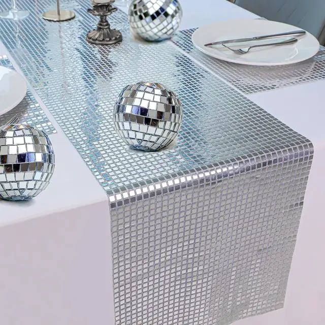Alt view image 7 of 7 - 13 x 72 Inches Glitter Disco Party Table Runner Mirror Silver Runner Retro 70s 80s Theme Disco Ball Table Decorations Birthday Bachelorette Dance Party Supplies