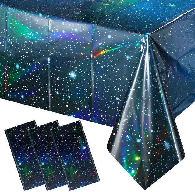 Main image of 3Pcs Iridescent Space Tablecloths, Disposable Plastic Blue Galaxy Table Cloth Rectangle Table Covers for Space Starry Night Star Theme Party Birthday Party Decorations, 54x108 Inch
