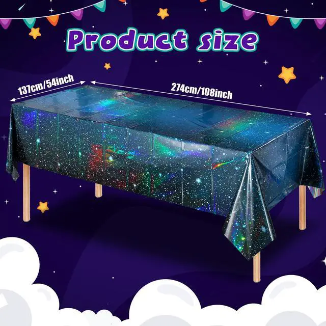 Alt view image 2 of 7 - 3Pcs Iridescent Space Tablecloths, Disposable Plastic Blue Galaxy Table Cloth Rectangle Table Covers for Space Starry Night Star Theme Party Birthday Party Decorations, 54x108 Inch