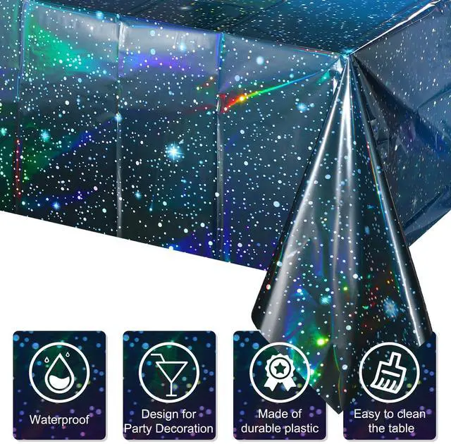 Alt view image 3 of 7 - 3Pcs Iridescent Space Tablecloths, Disposable Plastic Blue Galaxy Table Cloth Rectangle Table Covers for Space Starry Night Star Theme Party Birthday Party Decorations, 54x108 Inch