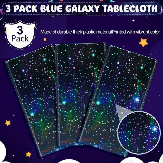 Alt view image 4 of 7 - 3Pcs Iridescent Space Tablecloths, Disposable Plastic Blue Galaxy Table Cloth Rectangle Table Covers for Space Starry Night Star Theme Party Birthday Party Decorations, 54x108 Inch