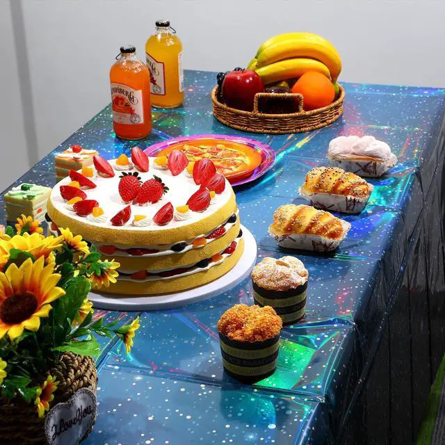 Alt view image 5 of 7 - 3Pcs Iridescent Space Tablecloths, Disposable Plastic Blue Galaxy Table Cloth Rectangle Table Covers for Space Starry Night Star Theme Party Birthday Party Decorations, 54x108 Inch