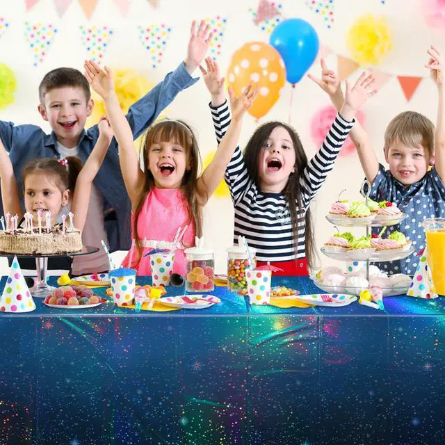 Alt view image 6 of 7 - 3Pcs Iridescent Space Tablecloths, Disposable Plastic Blue Galaxy Table Cloth Rectangle Table Covers for Space Starry Night Star Theme Party Birthday Party Decorations, 54x108 Inch
