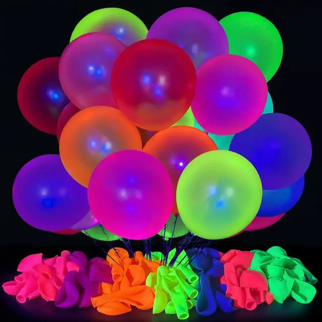 Main image of UV Neon Balloons 100 Pcs 12 Inch Glow in the Dark Party Supplies | 7 Multicolor Latex Neon Balloons, Inflatable Air/Helium, Ideal for Birthday, Wedding, Graduation Glow Rave Party Decorations