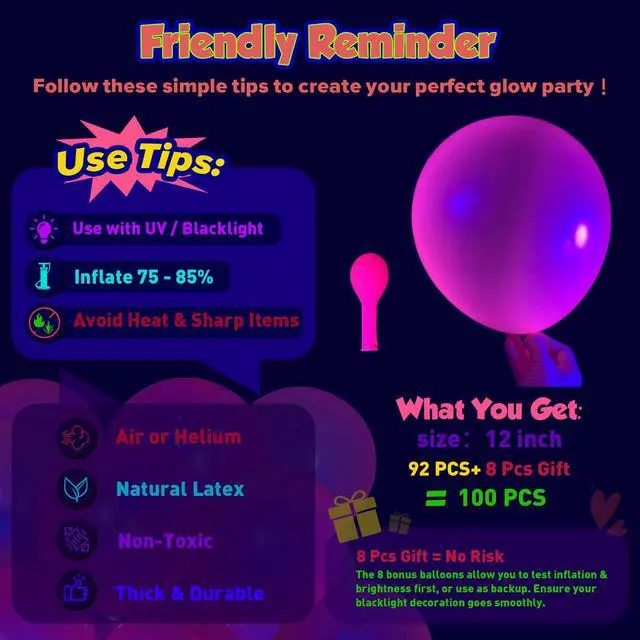 Alt view image 2 of 7 - UV Neon Balloons 100 Pcs 12 Inch Glow in the Dark Party Supplies | 7 Multicolor Latex Neon Balloons, Inflatable Air/Helium, Ideal for Birthday, Wedding, Graduation Glow Rave Party Decorations